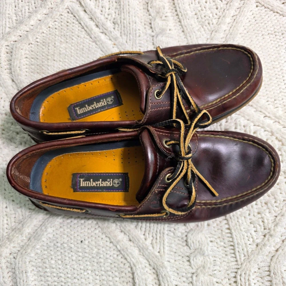 VTG Timberland Boat Shoes Burgundy Leather 2-Eye Moc Toe Mens 8.5 M Excellent